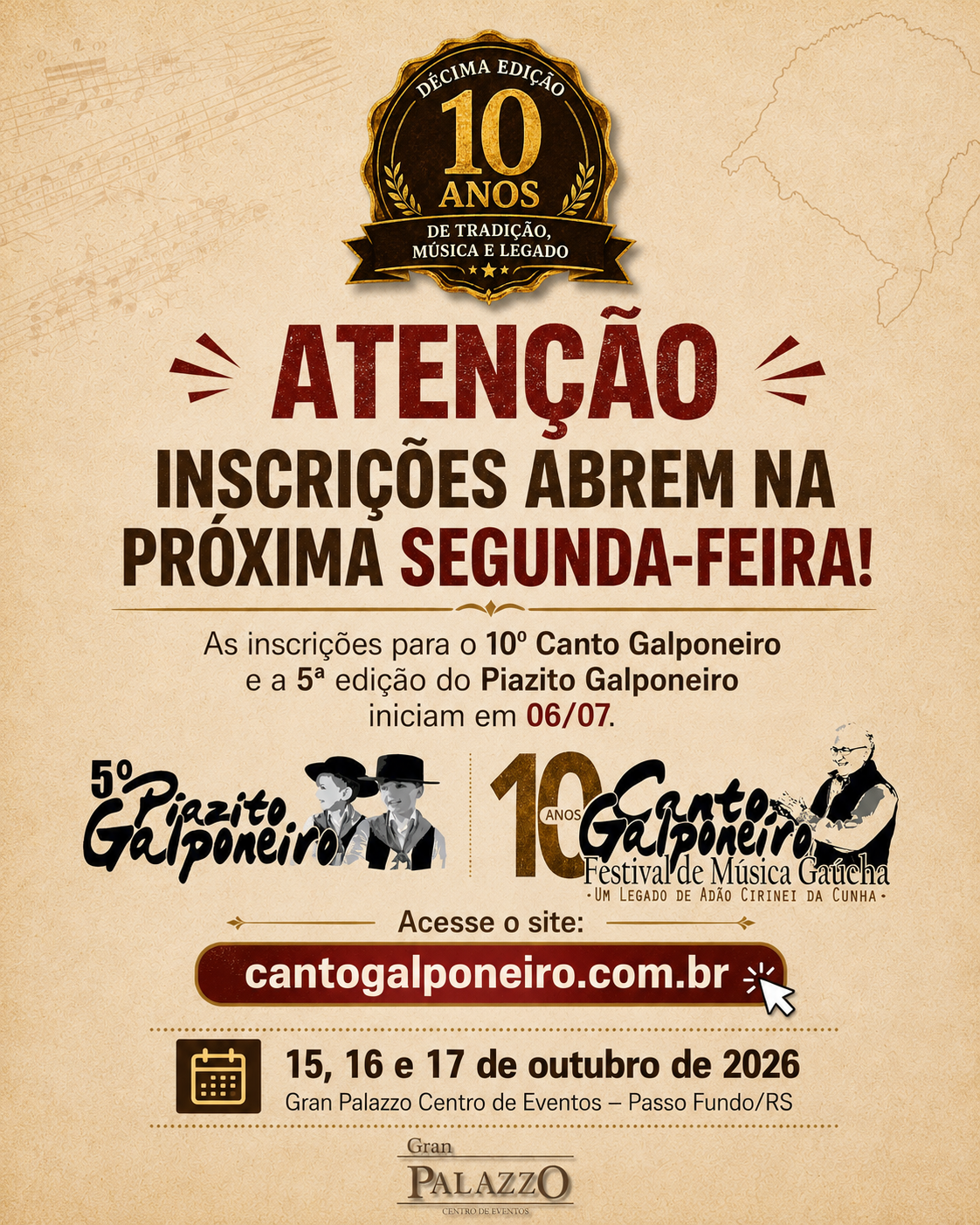 Inscrições para o 10º Canto Galponeiro iniciam na próxima segunda-feira