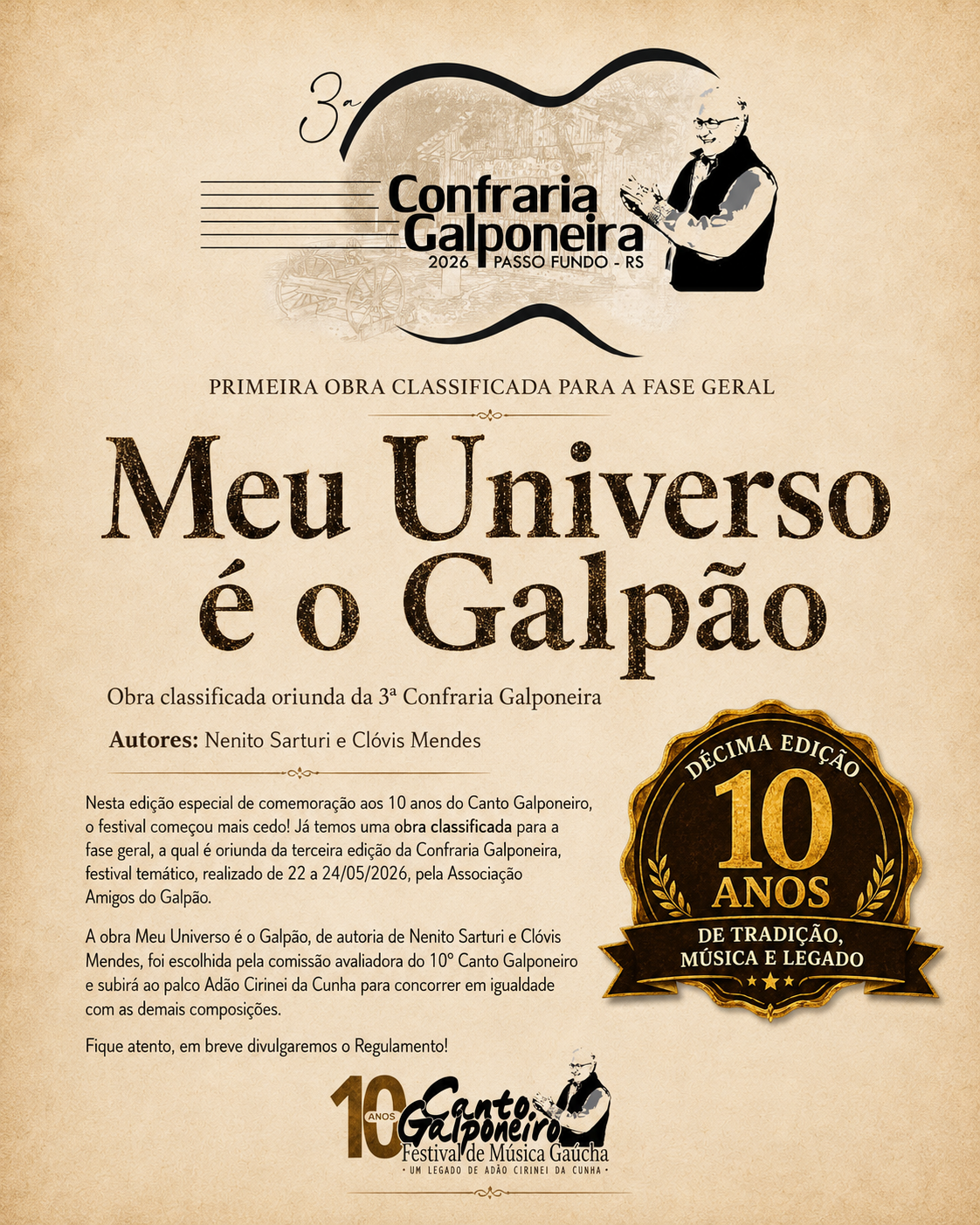 10º Canto Galponeiro anuncia a primeira obra classificada para a fase geral